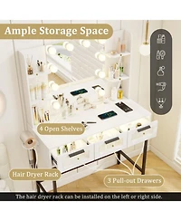 Sugift Makeup Vanity Desk with 10-Bulb Hollywood Mirror Charging Station and Padded Stool