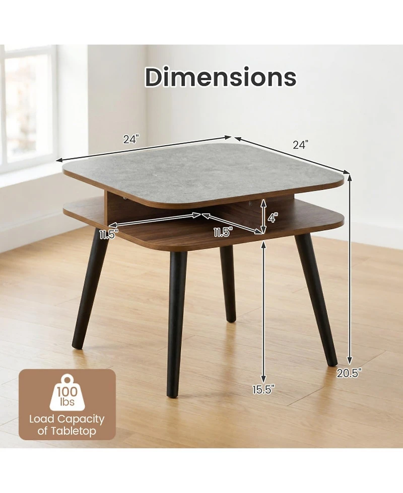 Sugift Square Faux Marble End Table with 4-Sided Open Shelves and Rubber Wood Legs