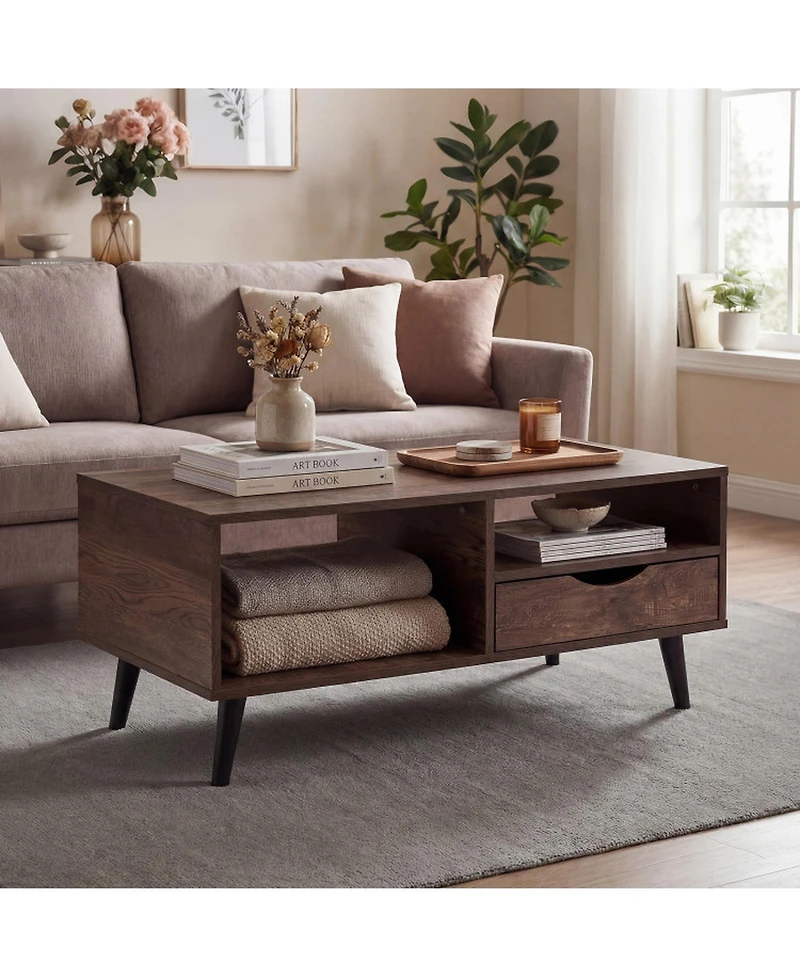 Sugift Rectangle Coffee Table with Storage Drawer and Open Shelves