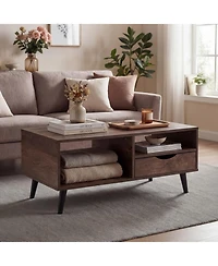 Sugift Rectangle Coffee Table with Storage Drawer and Open Shelves