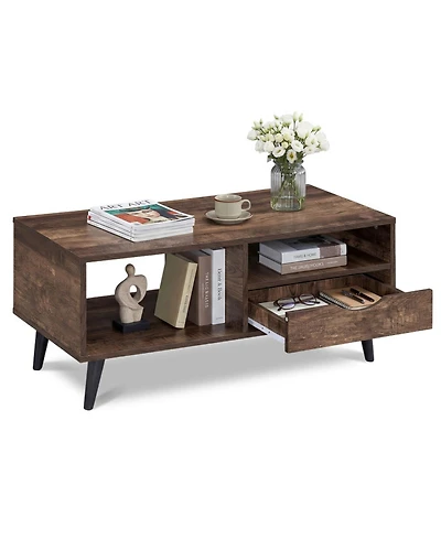 Sugift Rectangle Coffee Table with Storage Drawer and Open Shelves