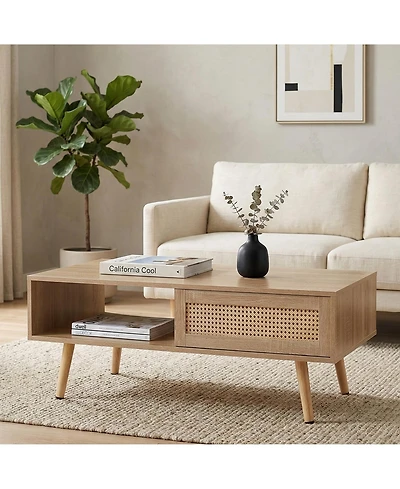 Flynama 41.34" Rattan Rectangular Coffee Table with Sliding Door