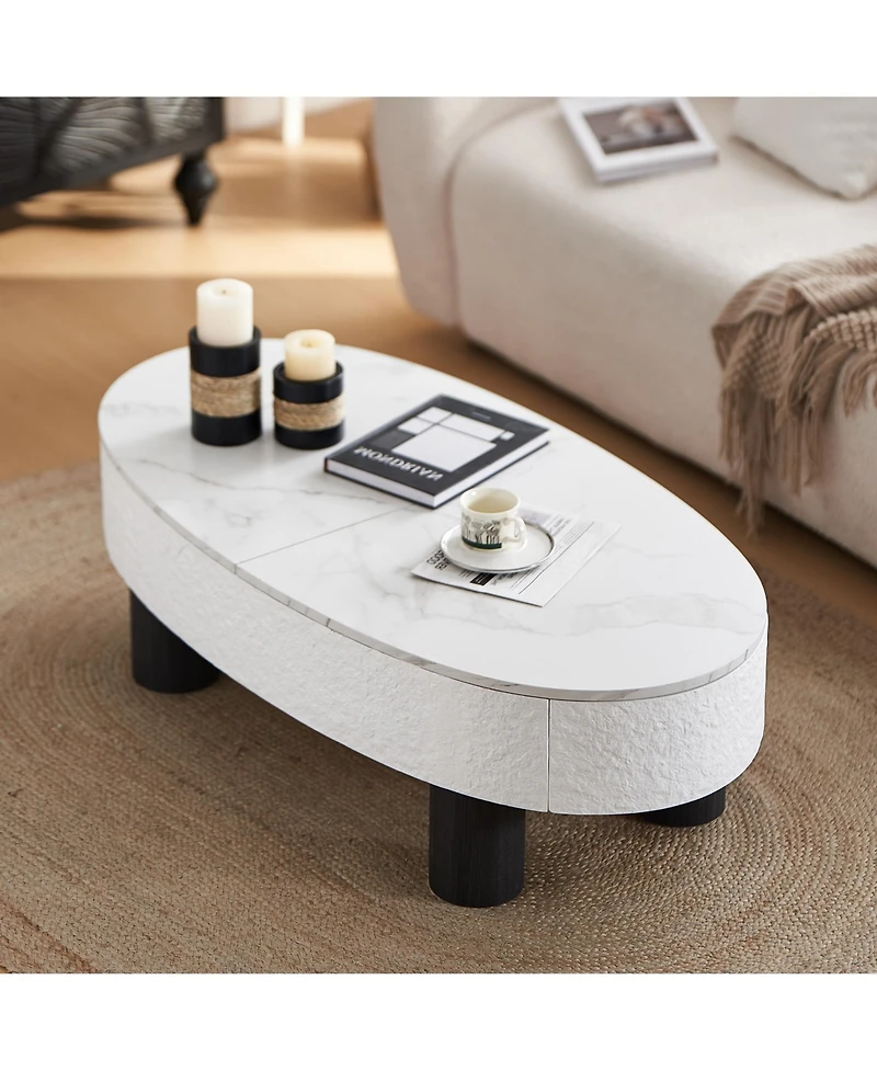 Flynama Oval Faux Marble Coffee Table with Hidden Drawer