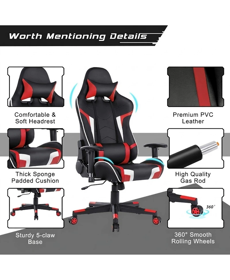 Gouun Reclining Swivel Massage Gaming Chair with Lumbar Support and Headrest