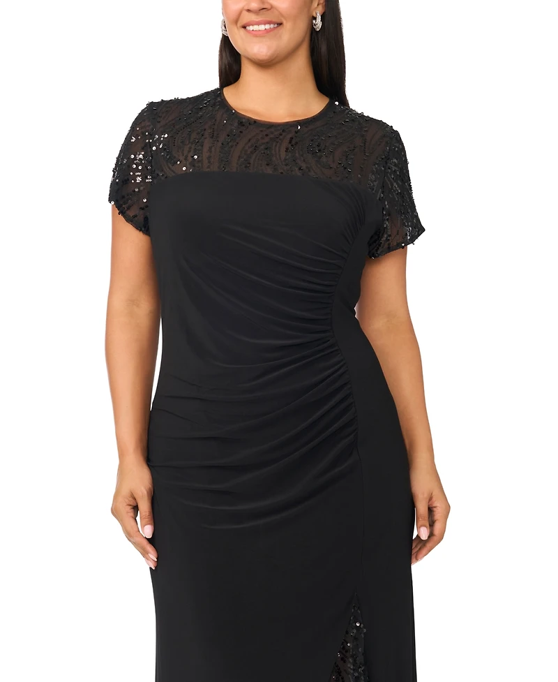 Msk Plus Beaded Mesh Side Ruched Short-Sleeve Gown