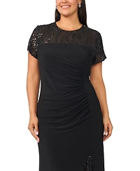 Msk Plus Beaded Mesh Side Ruched Short-Sleeve Gown