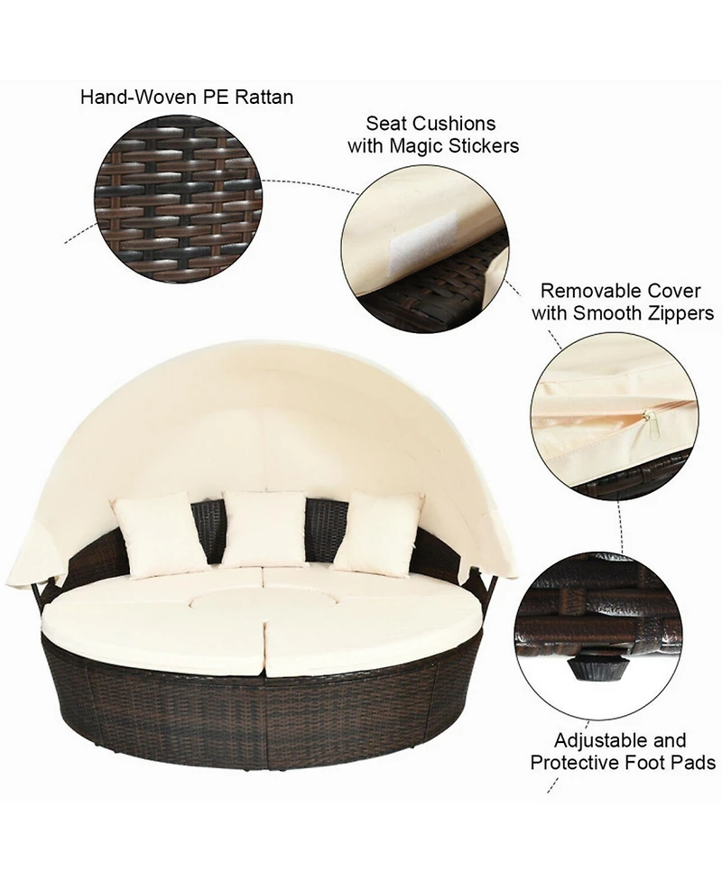Gouun Patio Round Rattan Daybed Set with Retractable Canopy and Side Table