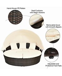 Gouun Patio Round Rattan Daybed Set with Retractable Canopy and Side Table
