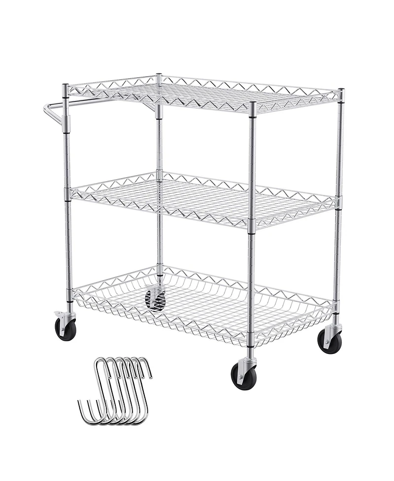Sugift 3-Tier Steel Utility Cart on Wheels with 661LBS Capacity 80mm Deep Basket Curved Handle 6 Hooks