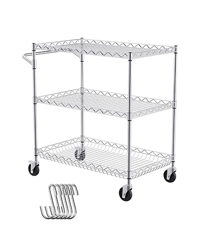 Sugift 3-Tier Steel Utility Cart on Wheels with 661LBS Capacity 80mm Deep Basket Curved Handle 6 Hooks