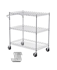 Sugift 3-Tier Steel Utility Cart on Wheels with 661LBS Capacity 80mm Deep Basket Curved Handle 6 Hooks