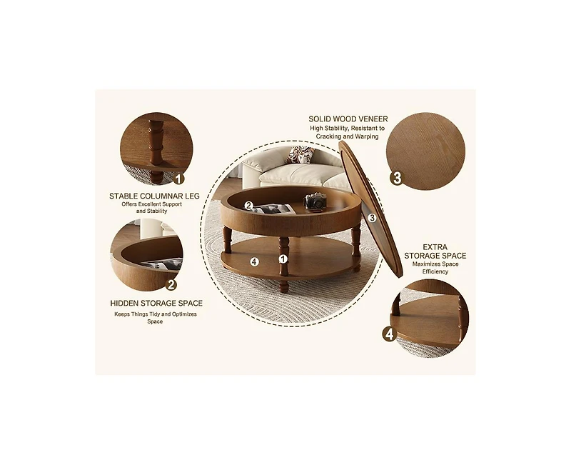 Flynama 31.5" Round Flip-Top Coffee Table with Dual Storage