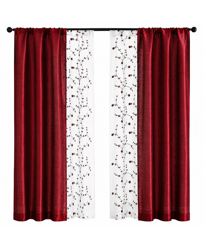 Kate Aurora Gloria Embroidered 6 Piece Rod Pocket Coordinating Sheer Window Curtain Panels