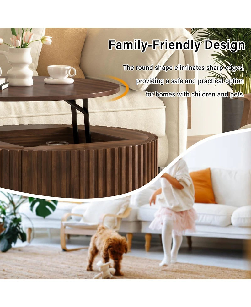 Flynama Round Lift Top Fluted Coffee Table, Solid Wood and Mdf Accent Table with Hidden Storage Drawer