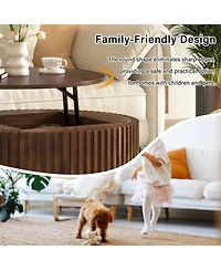 Flynama Round Lift Top Fluted Coffee Table, Solid Wood and Mdf Accent Table with Hidden Storage Drawer