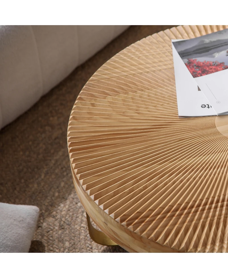 Flynama Round Wood Coffee Table Metal Legs Carved Pine Accent Living Room Table