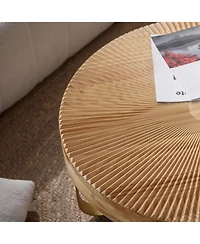 Flynama Round Wood Coffee Table Metal Legs Carved Pine Accent Living Room Table