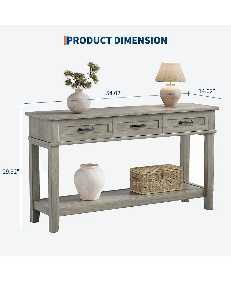 homfan 54" Farmhouse Console Table with 3 Drawers and Open Shelf, Wood Finish Entryway Table