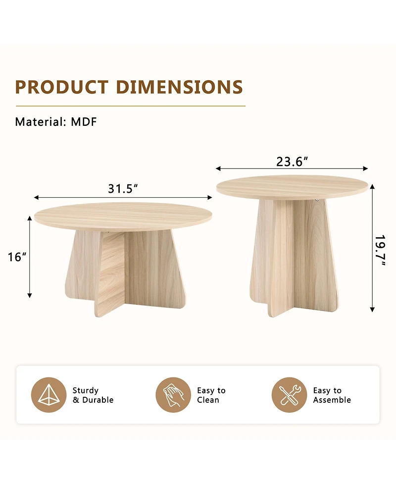 Flynama Retro Nesting Coffee Table Set Natural Round Cross Base