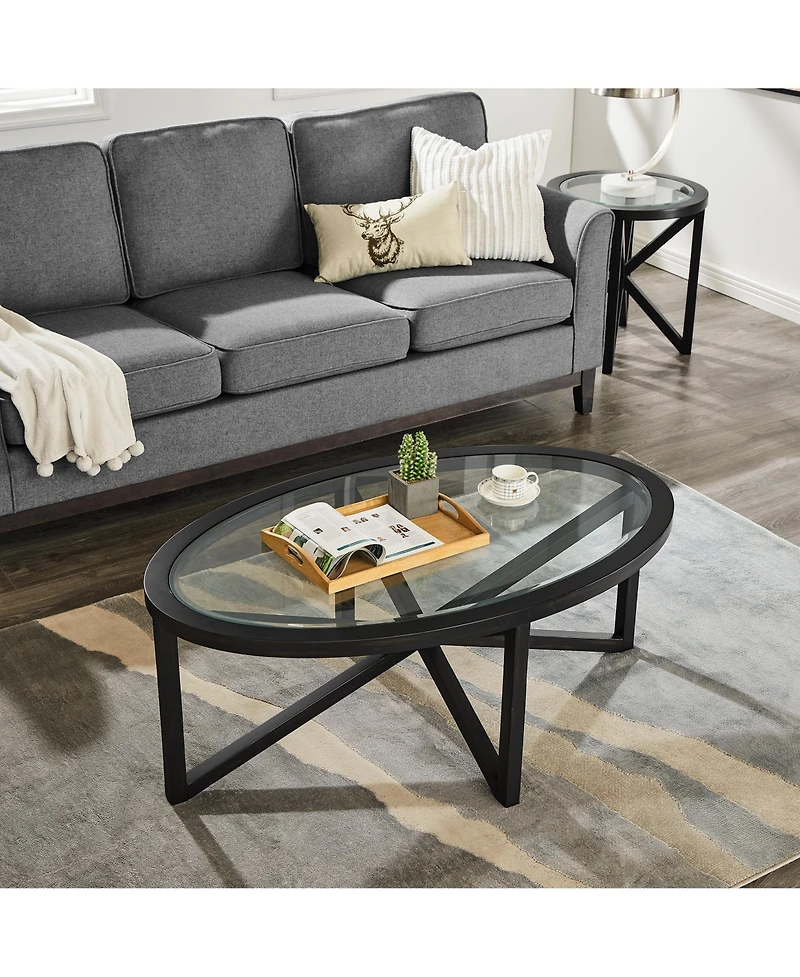 Flynama 46.5 Inch Round Tempered Glass Coffee Table, Solid Wood Base Anti-Scratch Accent Table for Living Room and Terrace
