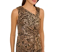 Adrianna Papell Women's Asymmetrical-Neck Metallic-Crinkle Wedding Guest Long Dress