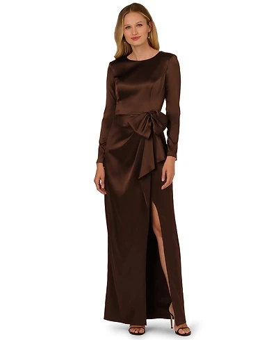 Adrianna Papell Women's Long-Sleeve Ruffle Bow Boat Neck Dress