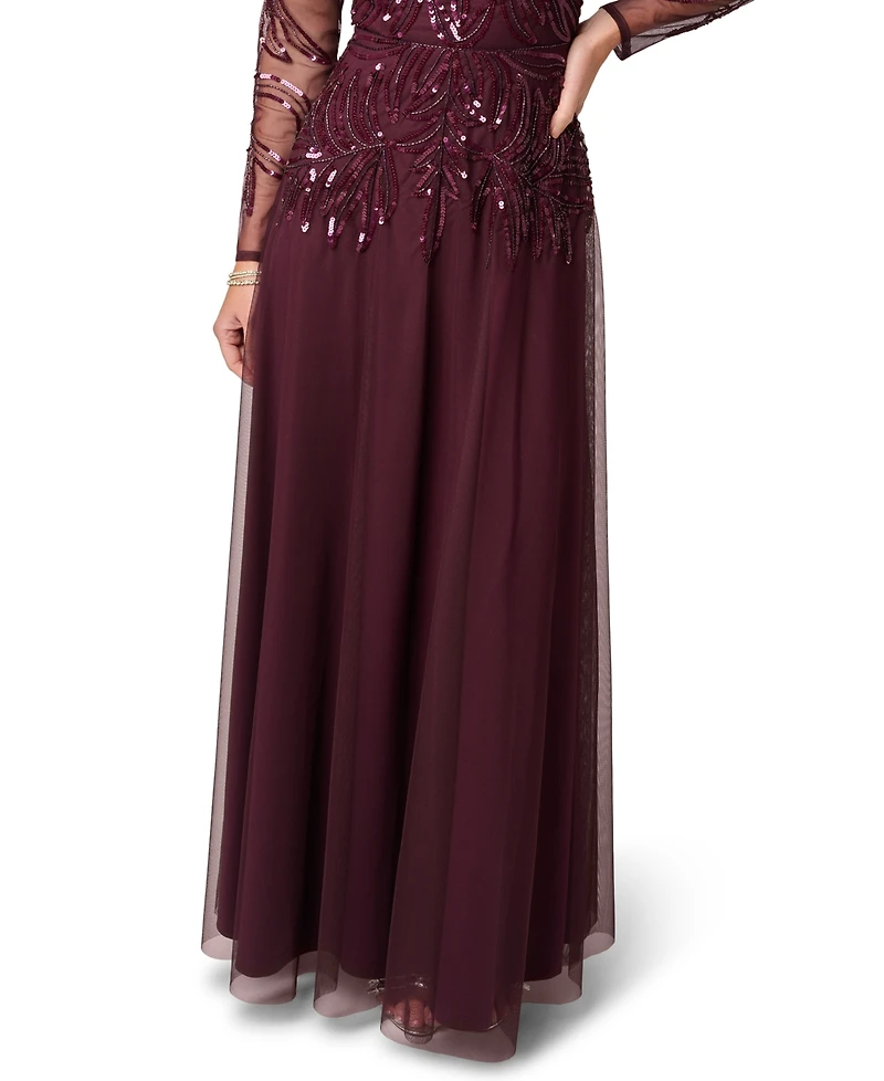 Adrianna Papell Women's Beaded V-Neck Long-Sleeve Dress