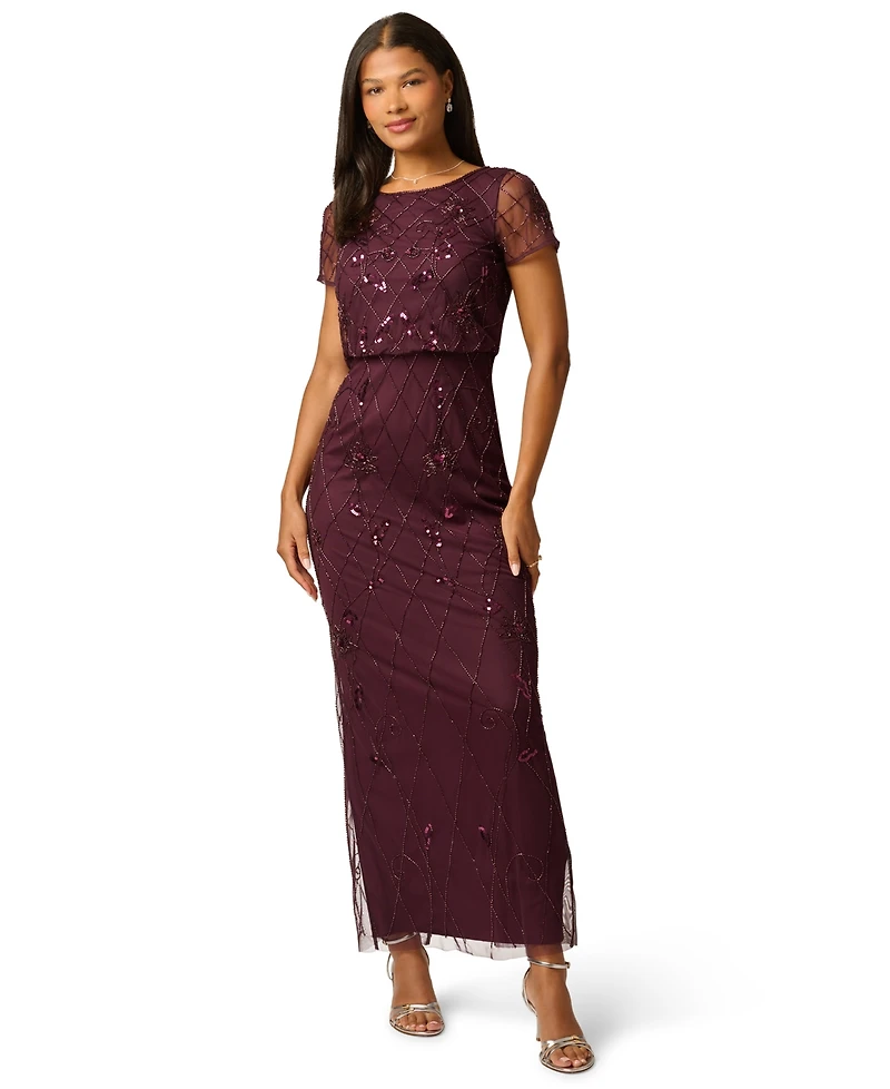 Adrianna Papell Women's Bead Blouson Boat Neck Short-Sleeve Long Dress