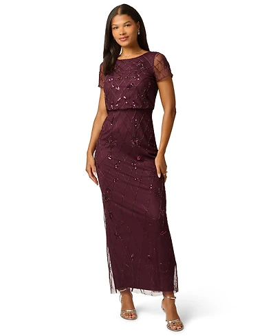 Adrianna Papell Women's Bead Blouson Boat Neck Short-Sleeve Long Dress