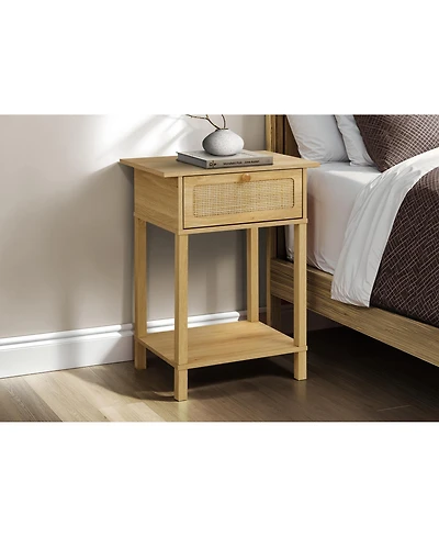 Flynama Natural Rattan Accent Table 2 Tier Storage Nightstand with Drawer