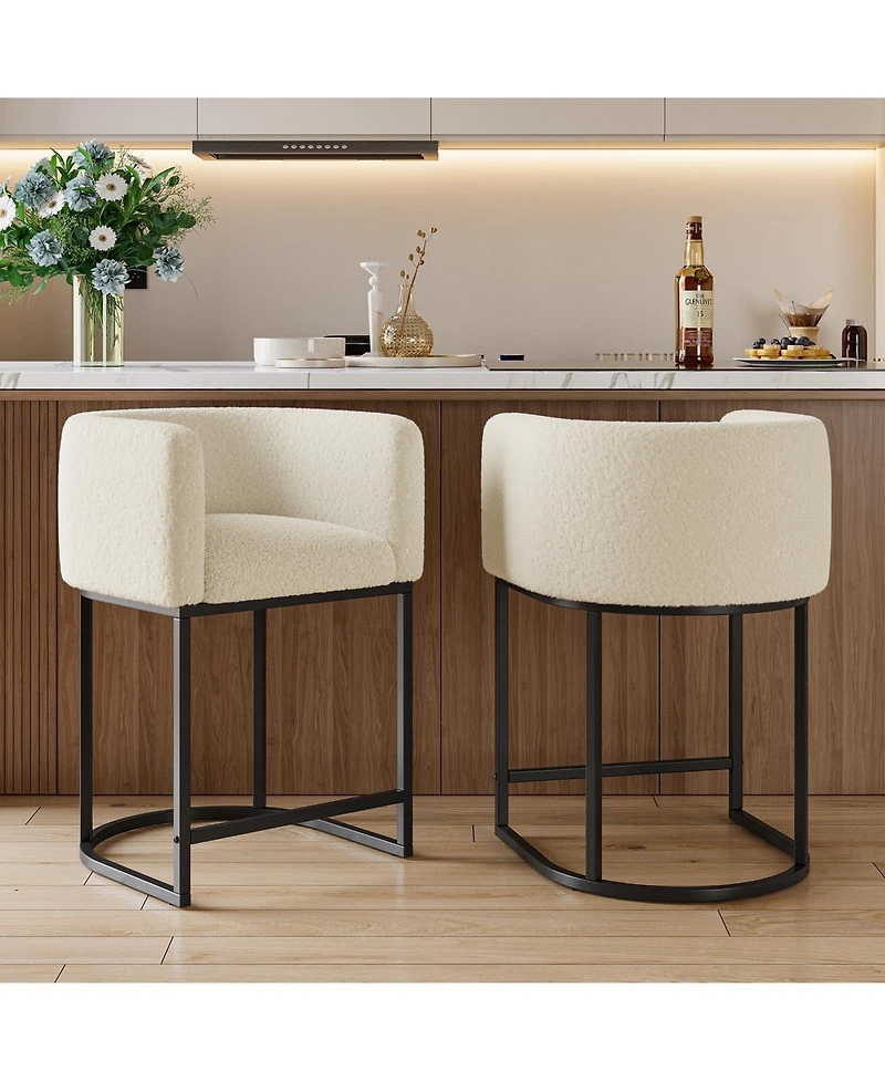 Bar Stools Set of 4 - Modern Lambswool Upholstered Counter Height Chairs with Backrest and Arms, Sturdy Black Metal Frame for Kitchen Island