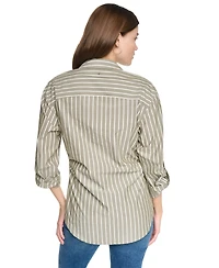Dkny Jeans Women's Petite Ruched Striped 3/4-Sleeve Poplin Shirt