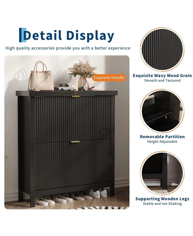 Striped freestanding entryway shoe cabinet with double-layer flip drawers, adjustable shelves and dust-proof back panel