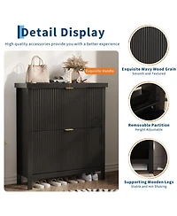 Striped freestanding entryway shoe cabinet with double-layer flip drawers, adjustable shelves and dust-proof back panel
