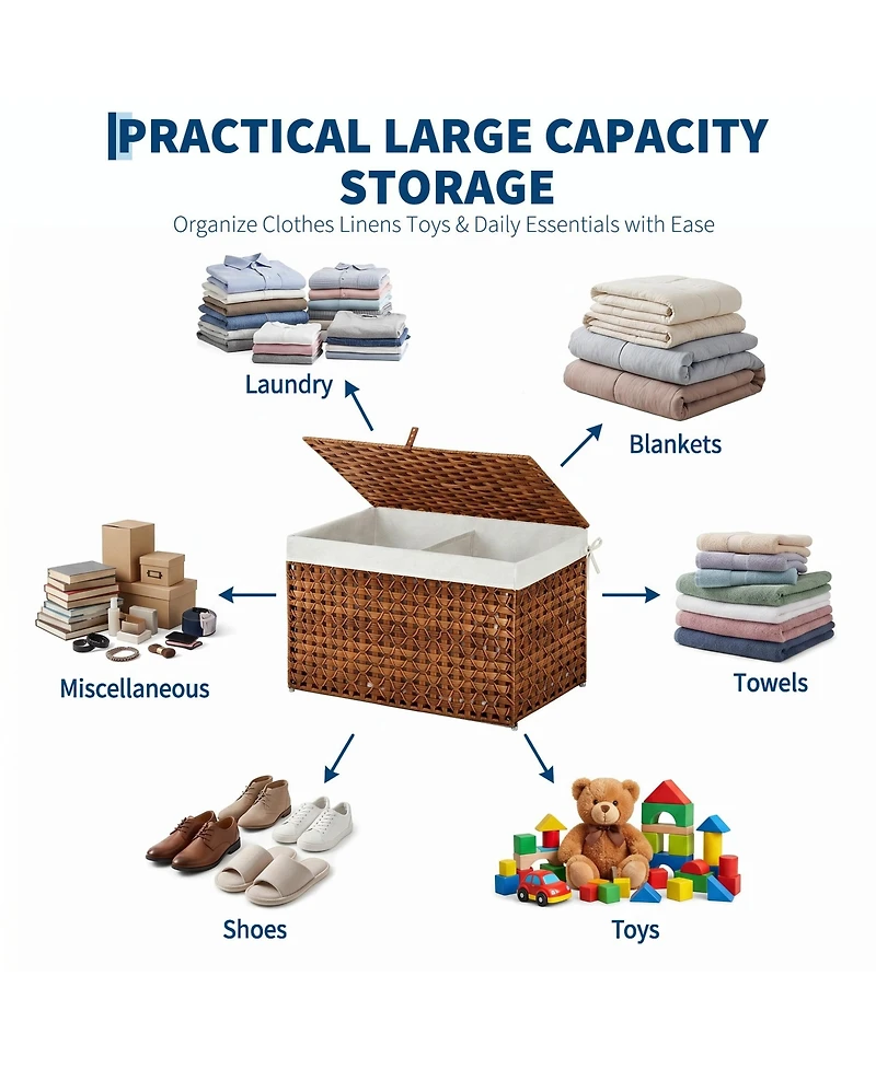 homfan Pe Rattan Storage Basket with Lid and Removable Liner, Divided Large Capacity Organizer Bin, for Bedroom, Living Room, Bathroom