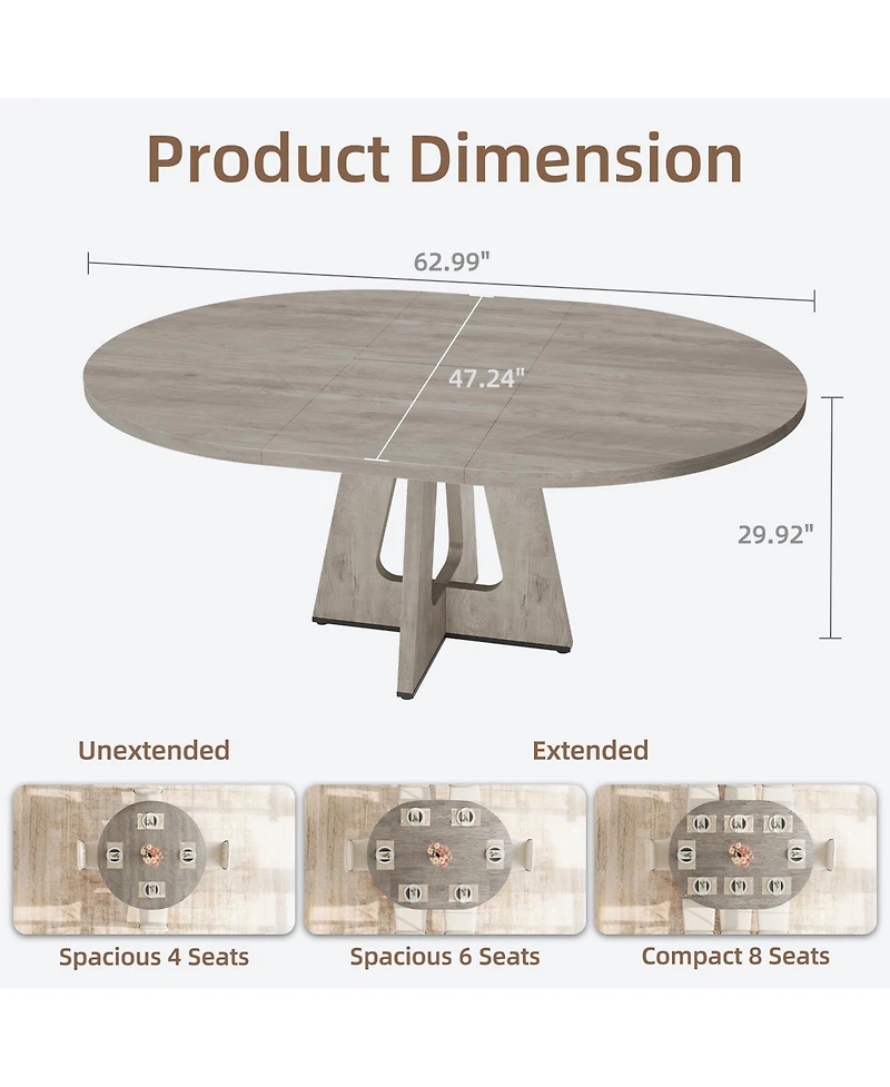 47-63 Inch Extendable Round to Oval Farmhouse Dining Table with Wood Cross Base, Seats 4-8,Grey