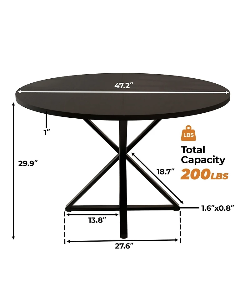 47 Inch Round Wood Dining Table, K-Shaped Carbon Steel Pedestal Base, Heat and Water Resistant Mdf Tabletop, Space Saving Industrial Dinner Table