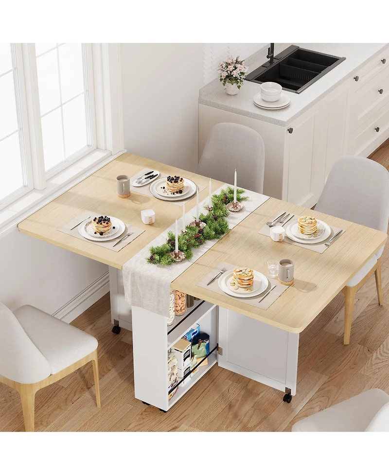 Folding Dining Table with Wheels, Drop Leaf Table with Drawer, Storage Shelves, Space Saving Design for Kitchen, Dining Room, Apartment
