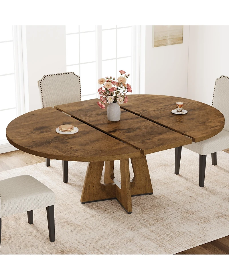 47-63 Inch Extendable Round to Oval Farmhouse Dining Table with Wood Cross Base, Seats 4-8,Brown