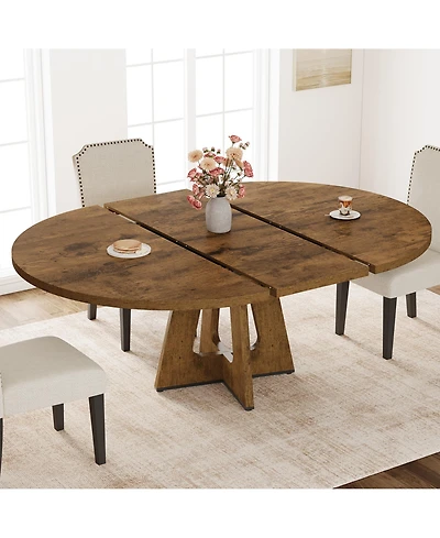 47-63 Inch Extendable Round to Oval Farmhouse Dining Table with Wood Cross Base, Seats 4-8,Brown