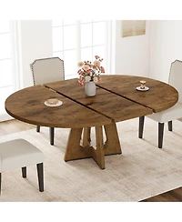47-63 Inch Extendable Round to Oval Farmhouse Dining Table with Wood Cross Base, Seats 4-8,Brown