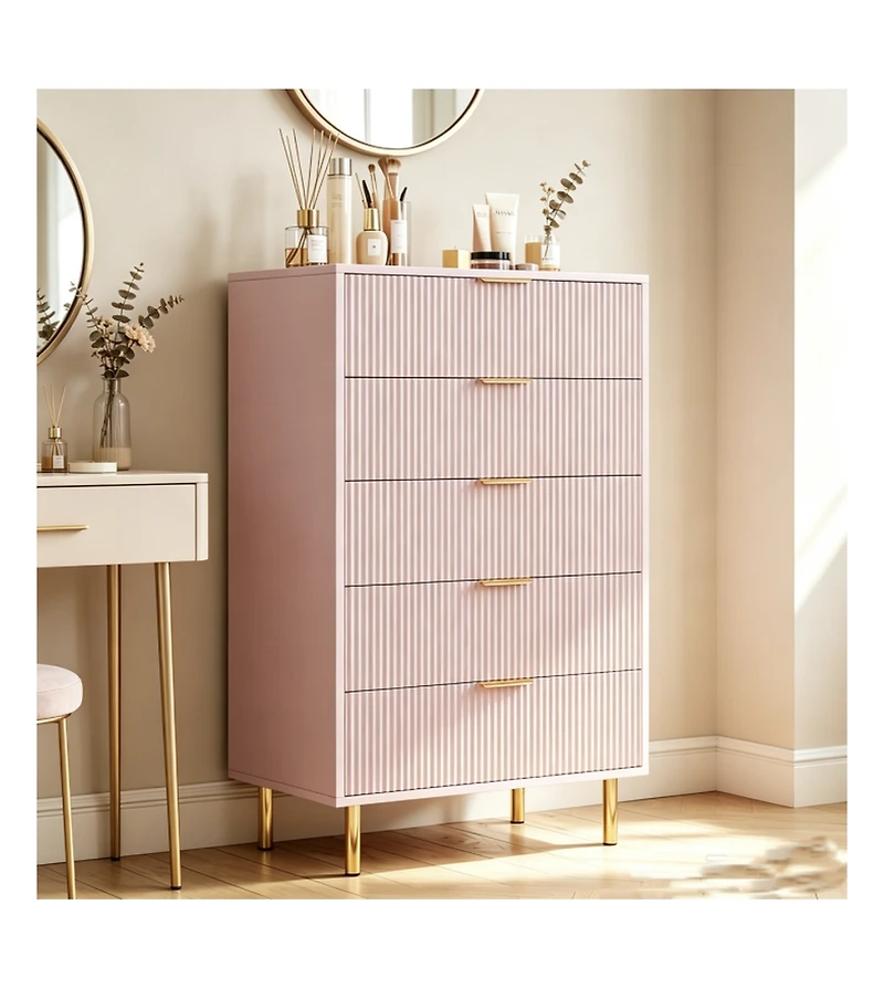 5 Drawer Dresser, Modern Fluted Chest of Drawers with Gold Handles, Multi-Purpose Storage Cabinet for Bedroom Living Room Entryway Hallway