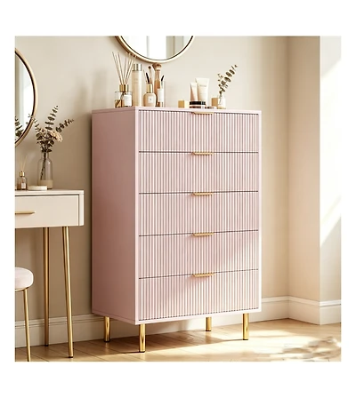 5 Drawer Dresser, Modern Fluted Chest of Drawers with Gold Handles, Multi-Purpose Storage Cabinet for Bedroom Living Room Entryway Hallway