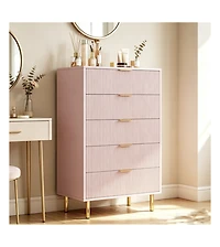 5 Drawer Dresser, Modern Fluted Chest of Drawers with Gold Handles, Multi-Purpose Storage Cabinet for Bedroom Living Room Entryway Hallway