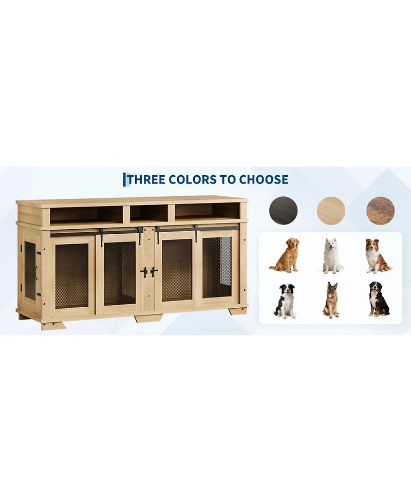 Double Dog Crate Furniture, 71 Inch Extra Large Wooden Heavy Duty Indoor Pet Kennel with Sliding Barn Door, Removable Divider, Tv Stand End Table