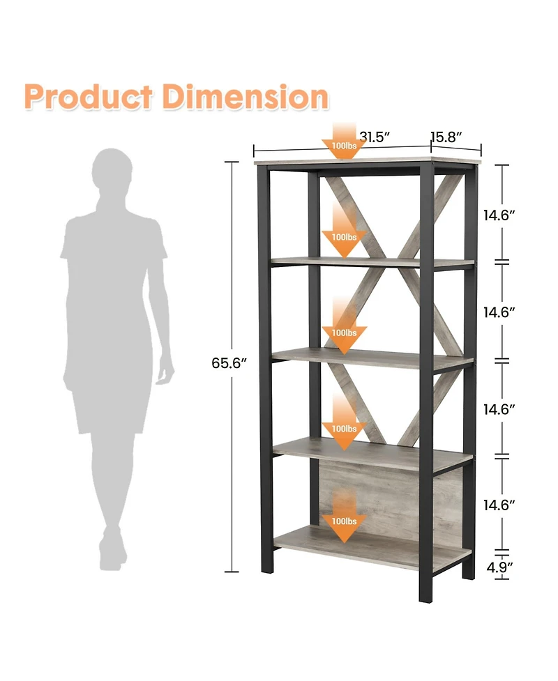 5-Tier Industrial Bookshelf with Led Lights, 66 in. Tall Open Display Shelves Storage Organizer, Modern Freestanding Storage Bookcase for Home Office