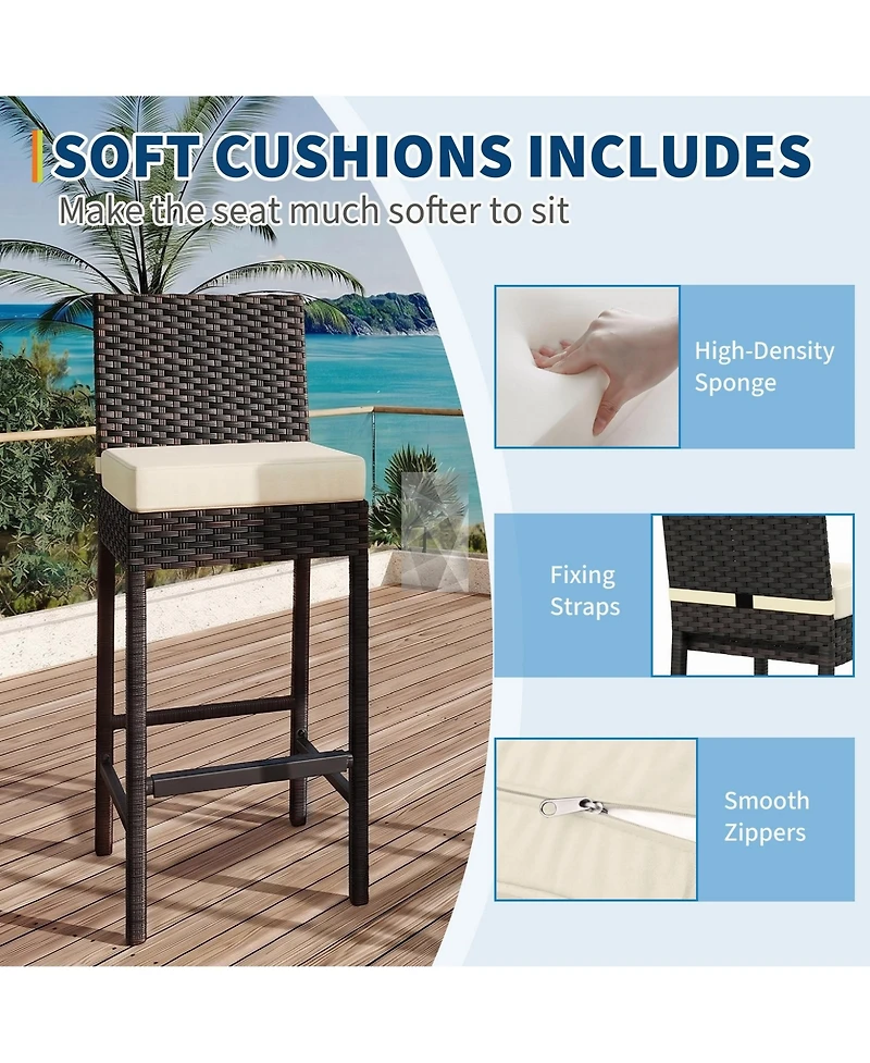 Outdoor Wicker Bar Stools Set of 4 with Cushion, Counter Height Patio Bar Chairs with Backrest, Footrest, Metal Frame for Backyard, Poolside, Garden