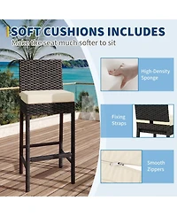 Outdoor Wicker Bar Stools Set of 4 with Cushion, Counter Height Patio Bar Chairs with Backrest, Footrest, Metal Frame for Backyard, Poolside, Garden