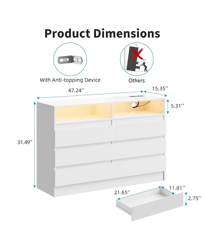 47 x 16 x 31.5 in Pack of 2 Six Drawer Dresser with Led Lights and Outlets, Engineered Wood Chest of Drawers for Bedroom, White