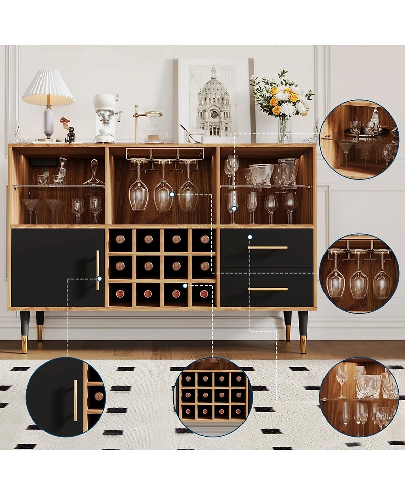 47.2" Wood Color Wine Bar Cabinet with Led Lights, Charging Station, Wine Rack and Glass Holder
